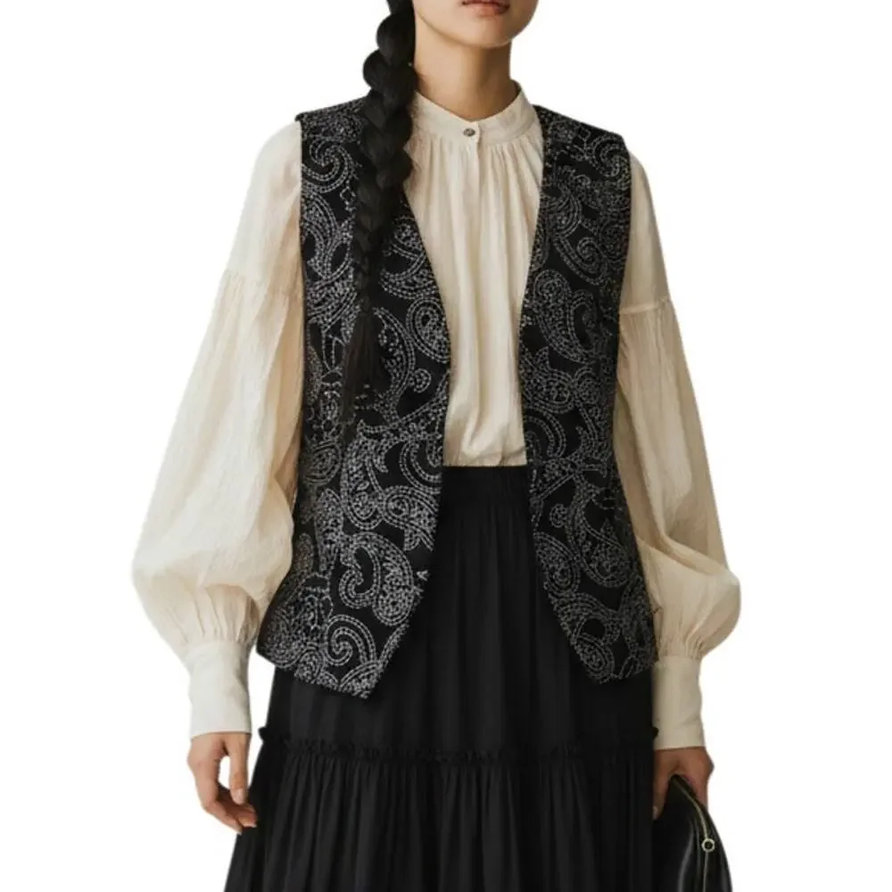Vintage 80s Black Velvet Rhinestone Studded Vest Old Hollywood Medium